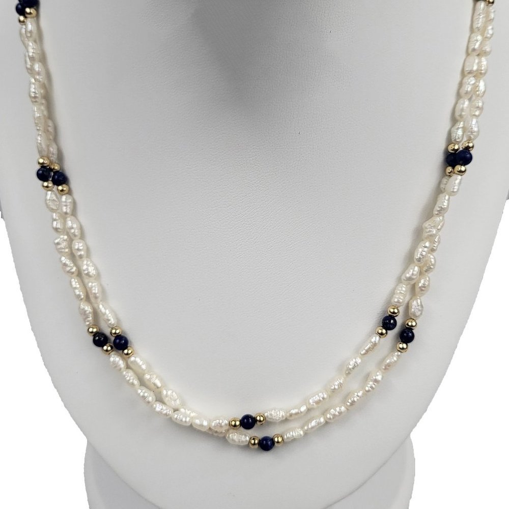 Vintage Pearl Double Necklace with Blue & Gold Beads